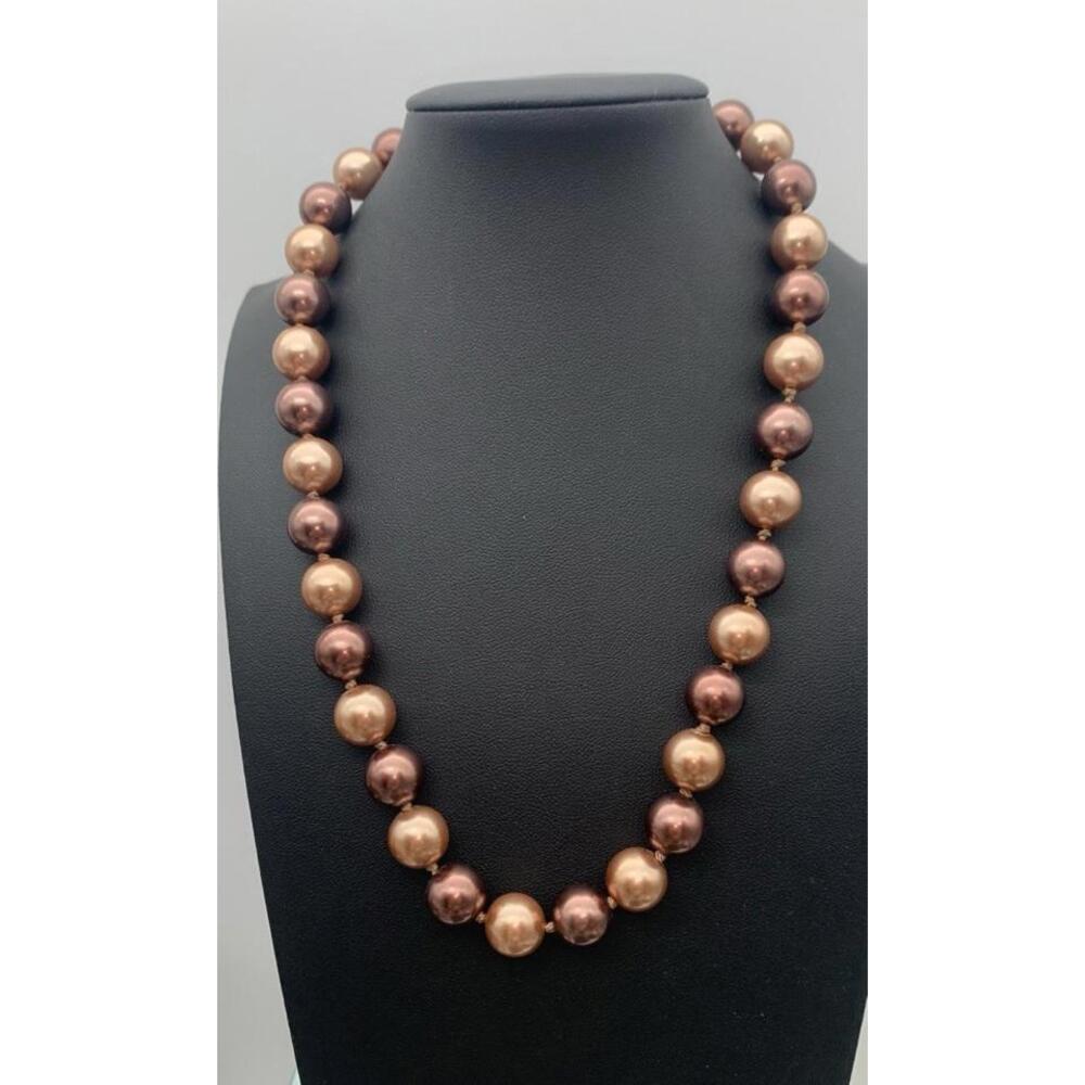 Vintage Roman Double Knotted Faux Pearl Necklace Brown & Champagne Signed 17-20”